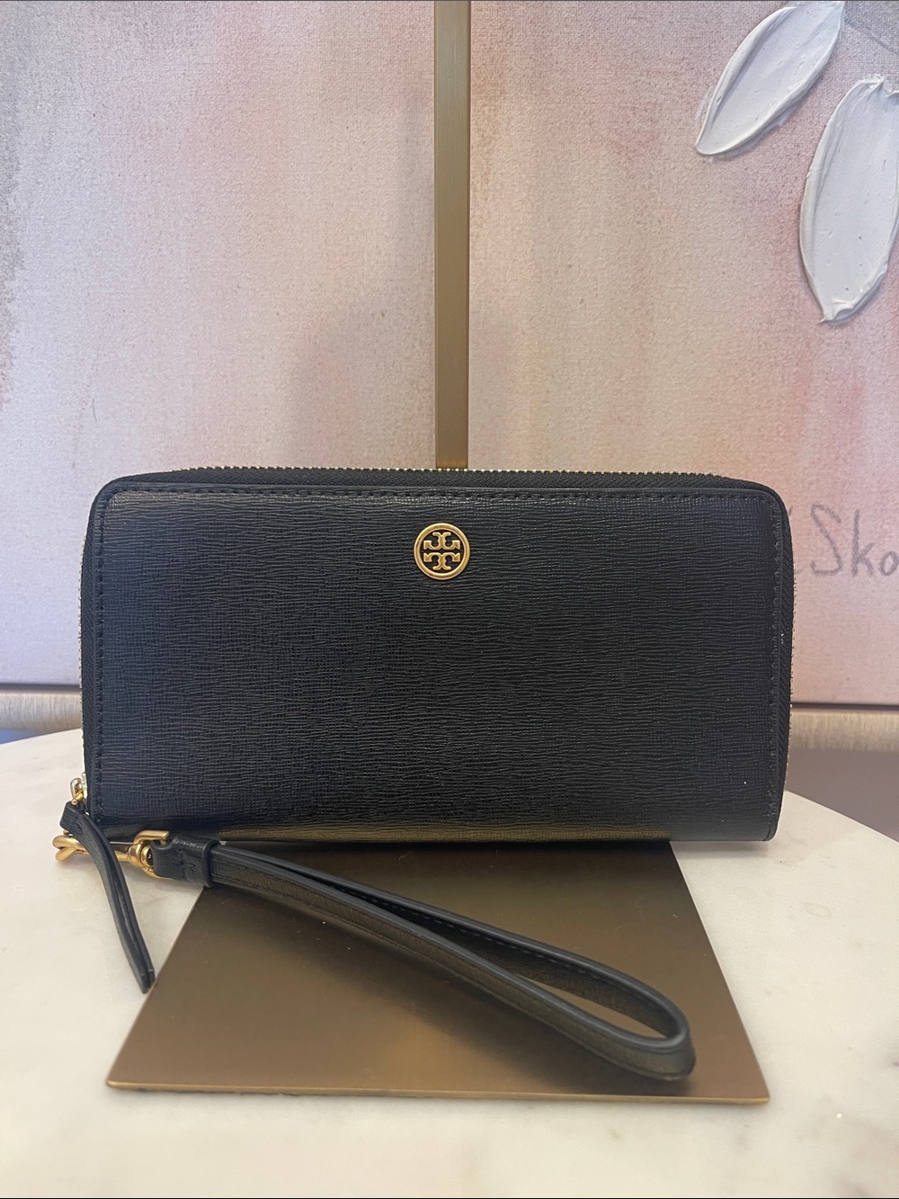 Tory Burch Black Saffiano Zip Wristlet with Blue Interior